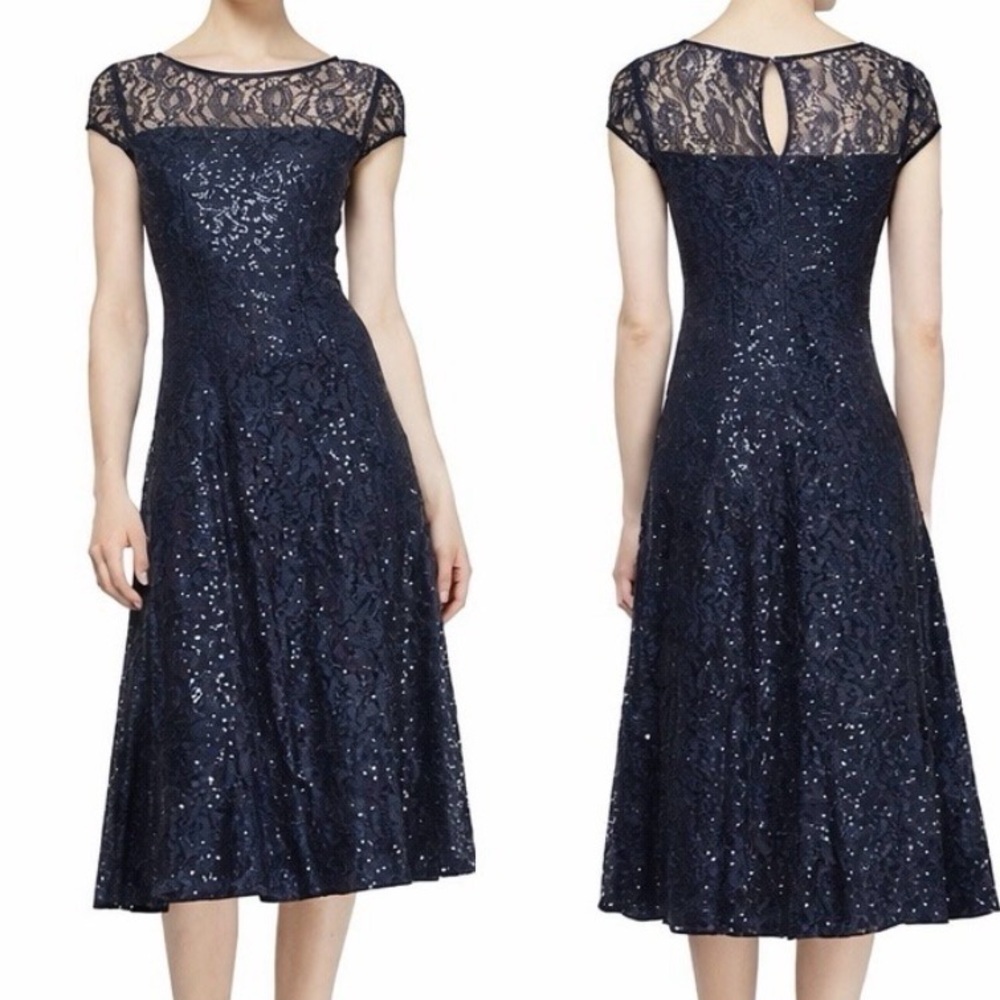 SLNY Navy Blue Lace Sequin Dress Women’s Size 16 Short Sleeve Formal Evening NEW